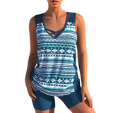 Tankini para mujer - Cuello en V - Tirantes cruzados - Estampado geométrico - Ajuste cómodo