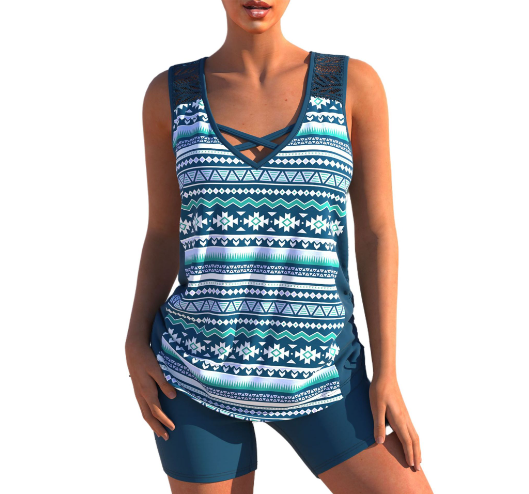 Tankini para mujer - Cuello en V - Tirantes cruzados - Estampado geométrico - Ajuste cómodo