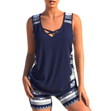 Tankini para mujer - Cuello en V - Tirantes cruzados - Estampado geométrico - Ajuste cómodo