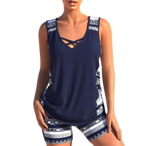 Tankini para mujer - Cuello en V - Tirantes cruzados - Estampado geométrico - Ajuste cómodo