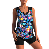 Tankini para mujer - Cuello en V - Tirantes cruzados - Estampado geométrico - Ajuste cómodo