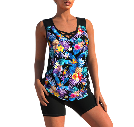 Tankini para mujer - Cuello en V - Tirantes cruzados - Estampado geométrico - Ajuste cómodo