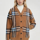 Cárdigan holgado de punto a cuadros retro de talla grande con cuello en V
