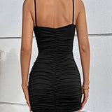 Vestido mini ajustado para mujer - Cuello en V - Sin mangas - Tirantes finos - Detalle fruncido