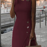 Vestido sin mangas para mujer – Corte entallado – Cuello alto – Botones decorativos – Mini elegante
