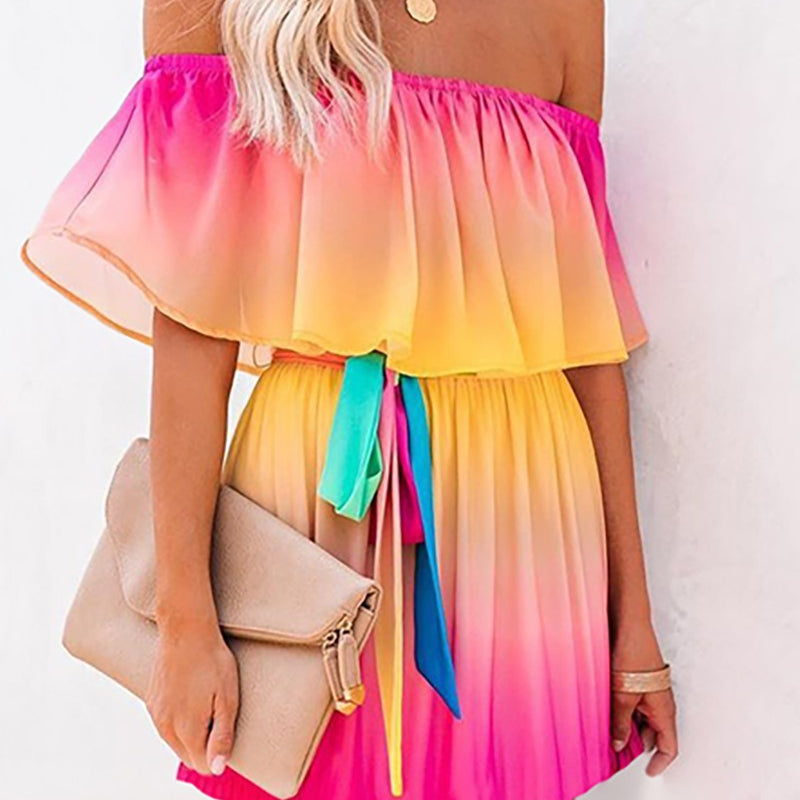 Vestido corto de mujer – Escote Bardot con volantes – Cintura con cinturón – Tejido transpirable