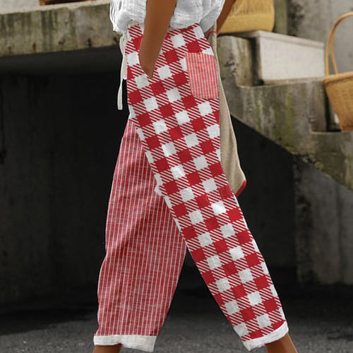 Pantalones de mujer - Corte holgado - Cintura elástica - Estampado de rayas y cuadros