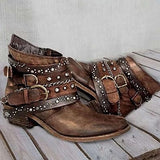Botines de mujer – Piel desgastada – Tiras con tachuelas – Hebillas – Tacón plano – Estilo rockero