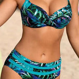 Bikini para mujer – Top estructurado con giro – Cintura alta – Estampado de hojas – Sujeción cómoda