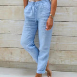 Pantalones de lino para mujer - Cintura elástica con cordón - Corte holgado y transpirable