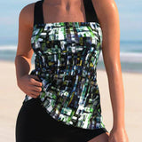 Tankini para mujer – Top estampado fluido – Shorts de cobertura total – Tejido elástico transpirable