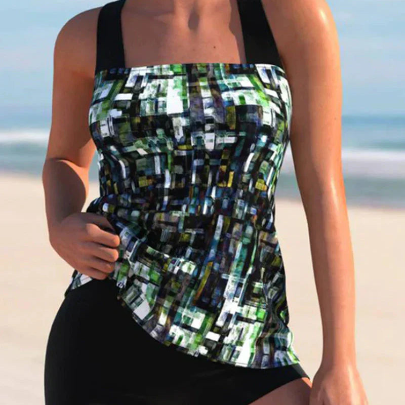 Tankini para mujer – Top estampado fluido – Shorts de cobertura total – Tejido elástico transpirable