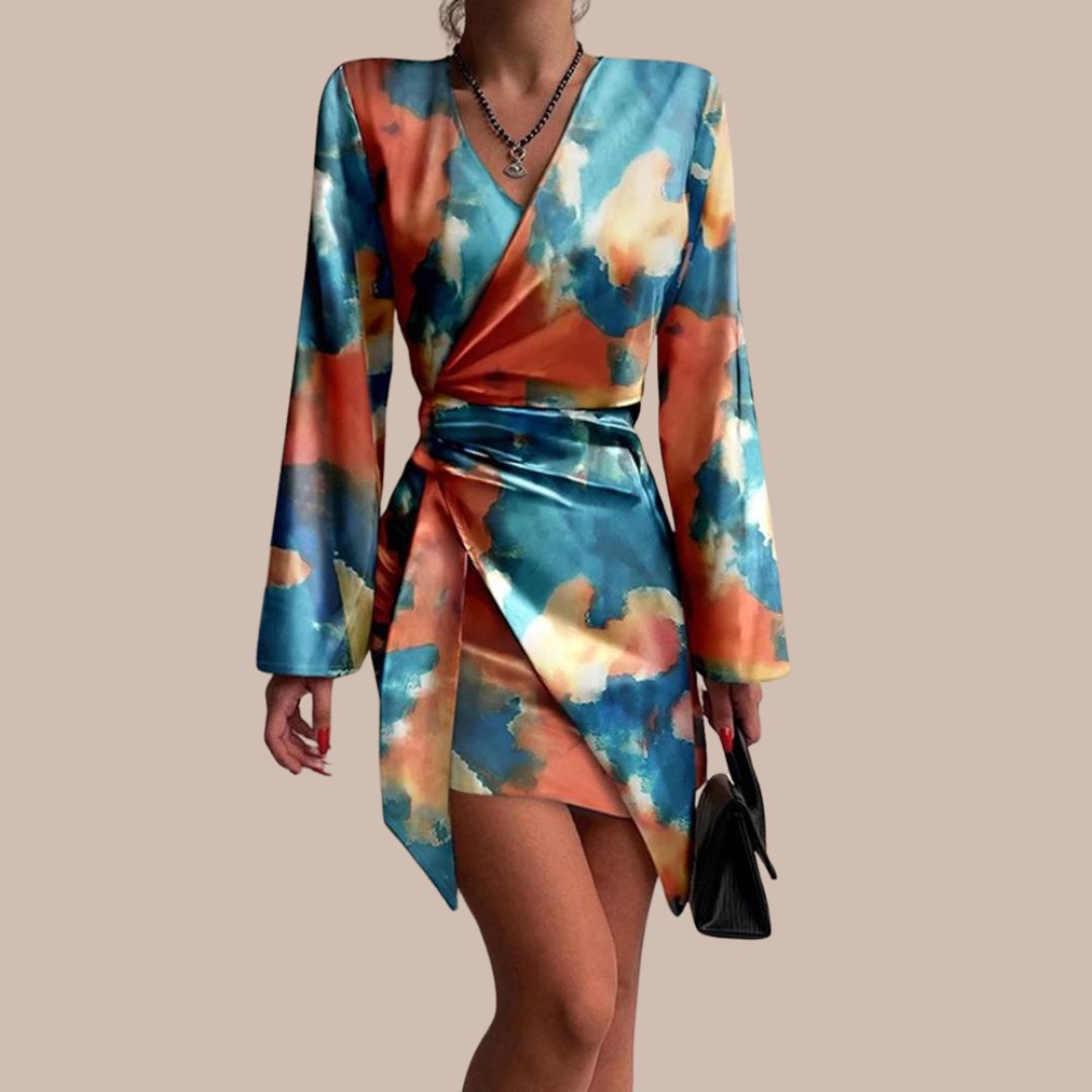 Vestido cruzado para mujer - Mangas largas - Cuello en V - Ajuste ajustable - Estampado moderno