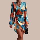 Vestido cruzado para mujer - Mangas largas - Cuello en V - Ajuste ajustable - Estampado moderno