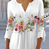 Top de mujer – Estampado floral – Corte holgado – Mangas 3/4 – Cuello en V abotonado – Tejido ligero