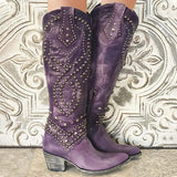 Botas altas de mujer – Piel envejecida – Tacón grueso – Remaches – Cierre de cremallera