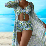 Azura – Elegante conjunto de bikini de 3 piezas con estampado floral, cómodo y transpirable