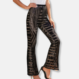 Pantalón de mujer – Cintura alta – Pierna ancha – Lentejuelas geométricas – Largo completo