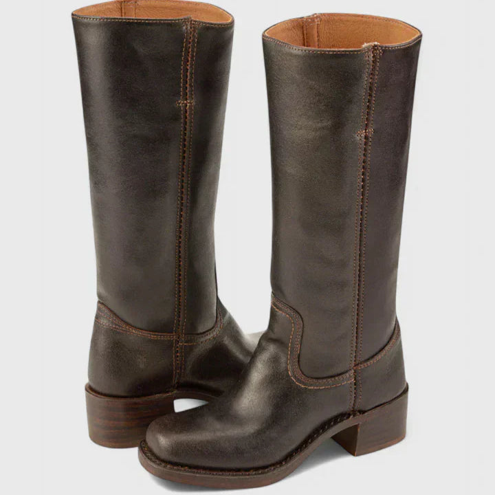 Botas de mujer - Piel - Caña alta - Tacón de bloque apilado - Punta de almendra