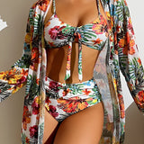 Traje de baño de 3 piezas para mujer – Top con lazo – Cintura alta – Kimono floral fluido