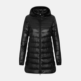 Chaqueta de plumas para mujer – Corte entallado – Largo hasta medio muslo – Acolchada – Impermeable con capucha