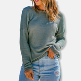 Camiseta de manga larga para mujer – Corte relajado – Punto gofre – Hombros caídos