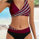 Bikini de mujer – Talle alto – Top cruzado – Tejido elástico transpirable – Rayas estampadas