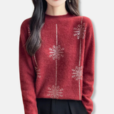 Suéter de mujer - Tejido de felpa - Corte holgado - Cuello alto acanalado - Estampado de copos de nieve brillantes