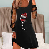 SOPHIA – Elegante vestido navideño con estampado de copas de vino y corte refinado