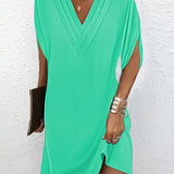Vestido de mujer – Tejido transpirable – Corte fluido – Escote en pico fruncido – Mangas cortas