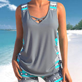Tankini para mujer - Cuello en V - Tirantes cruzados - Estampado geométrico - Ajuste cómodo