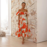 Vestido de mujer - Hombros descubiertos - Mangas abullonadas - Estampado floral - Corte midi fluido