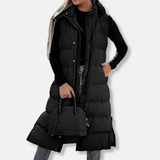 Chaqueta larga para mujer – Acolchada ligera – Corte holgado – Sin mangas con capucha