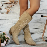 Botas vaqueras para mujer – Hasta la rodilla – Efecto ante – Parte superior bordada – Punta puntiaguda – Cierre con cremallera