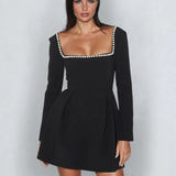 Minivestido de mujer - Escote cuadrado con perlas - Mangas largas - Corte elegante y evasé