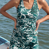Tankini de mujer – Corte ajustado – Cuello alto – Tirantes anchos – Estampado floral – Tejido transpirable