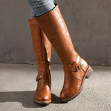 Botas altas para mujer - Piel lisa - Punta redonda - Tacón cuadrado cómodo - Hebilla decorativa