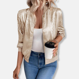 Chaqueta bomber para mujer – Acabado satinado brillante – Corte holgado – Bajos acanalados – Cierre de cremallera