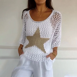 Top corto para mujer – punto calado – corte holgado – mangas 3/4 – cuello redondo con estampado de estrellas