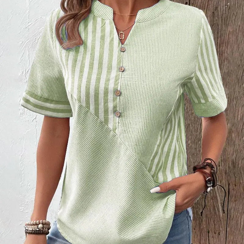 Blusa de mujer - Algodón ligero - Cuello en V redondo con abertura - Mangas cortas - Estilo casual