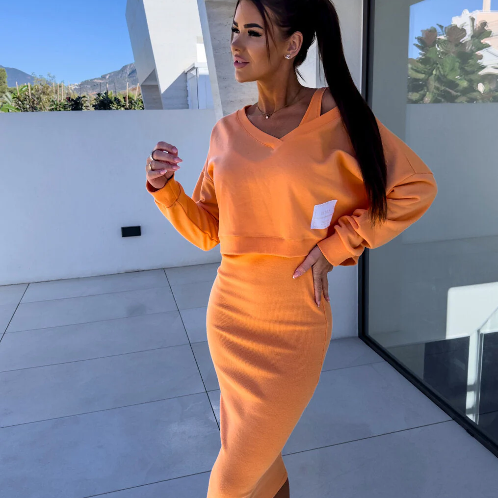 Conjunto de vestido para mujer – Punto suave – Top de manga larga con cuello en V – Falda tubo midi