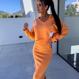 Conjunto de vestido para mujer – Punto suave – Top de manga larga con cuello en V – Falda tubo midi