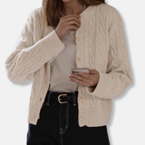 Cárdigan de mujer – Corte holgado – Punto de lana – Patrón de punto trenzado – Botones delanteros