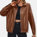 Chaqueta biker para mujer – Piel sintética – Corte holgado – Recortada – Cremallera frontal