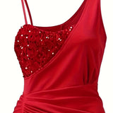 Vestido de mujer – Asimétrico de un solo hombro – Lentejuelas elegantes – Abertura de noche
