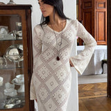 Vestido largo de punto jacquard con estampado de rombos y mangas largas