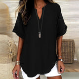 Blusa de mujer – Corte holgado – Mangas cortas – Cuello en pico – Fibras naturales