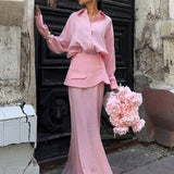 Conjunto de dos piezas: vestido camisero liso de manga larga, de estilo urbano elegante y creativo.