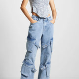 Pantalones cargo vintage de cintura alta y pierna recta con bolsillos