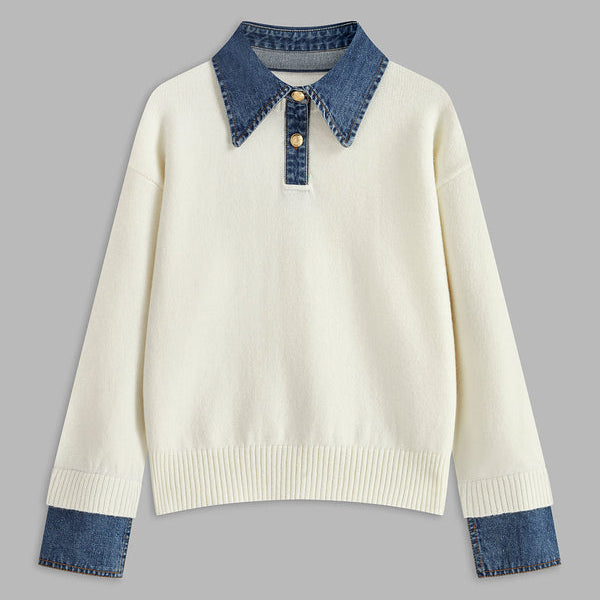 Suéter de mujer – Corte relajado – Punto suave – Cuello camisero y puños de mezclilla